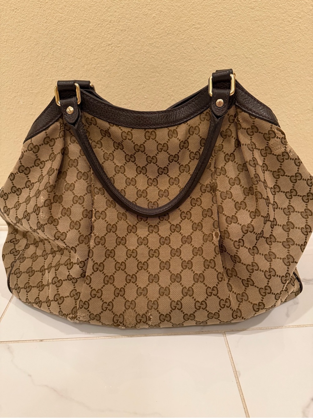 Gucci Beige and Dark Brown GG Canvas Shoulder Bag